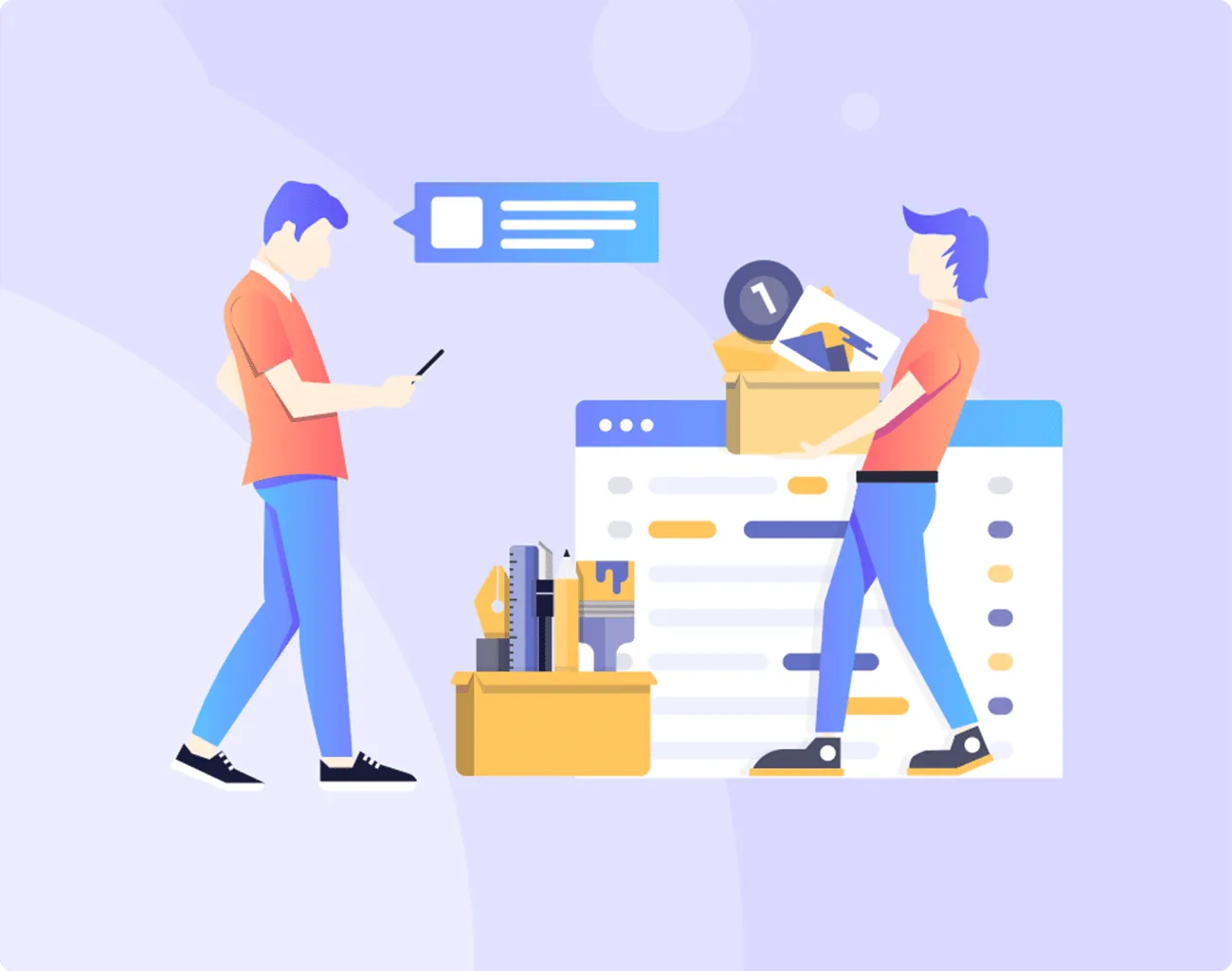 Illustration of people managing online orders with packages, tools, and a website dashboard