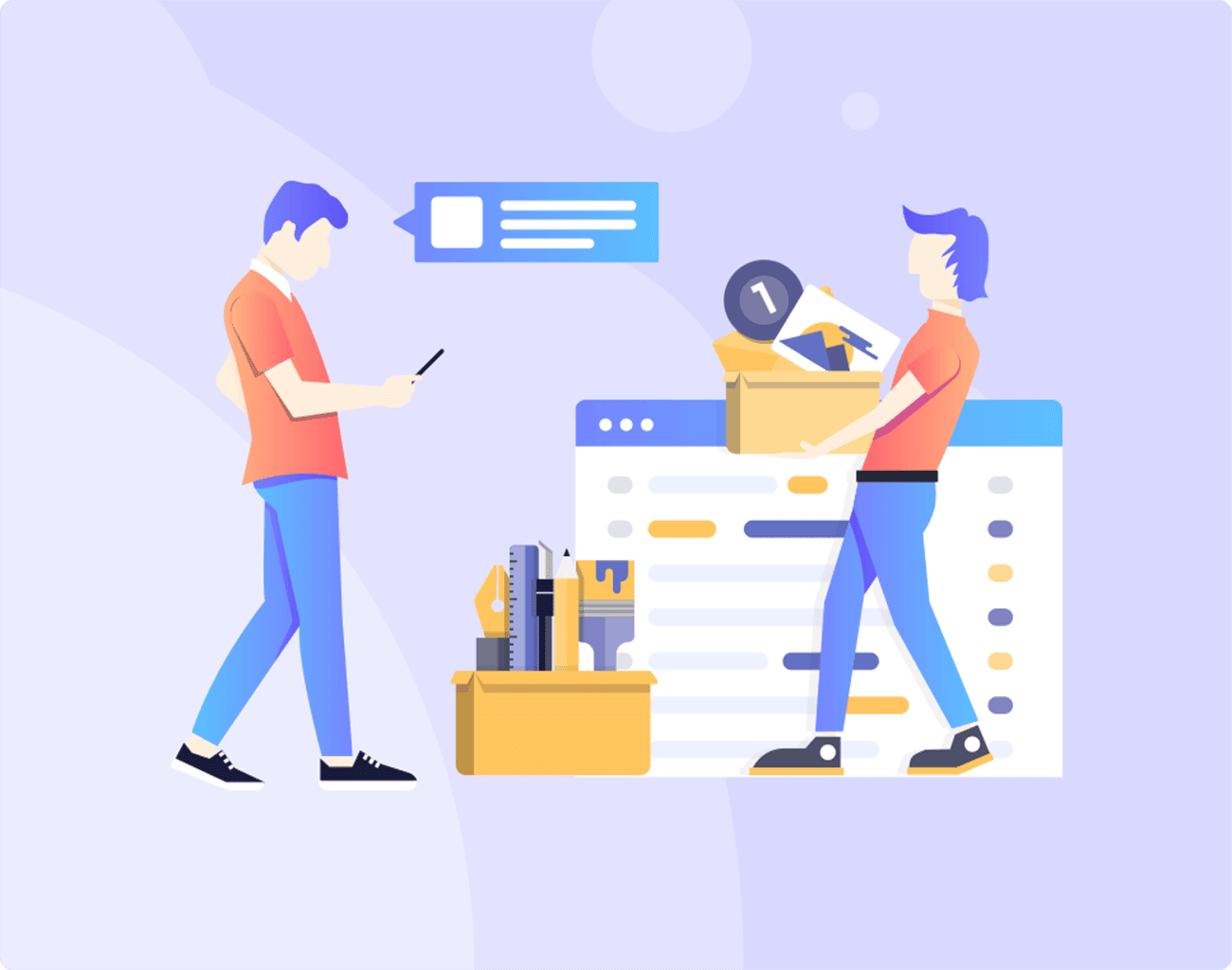 Illustration of people managing online orders with packages, tools, and a website dashboard