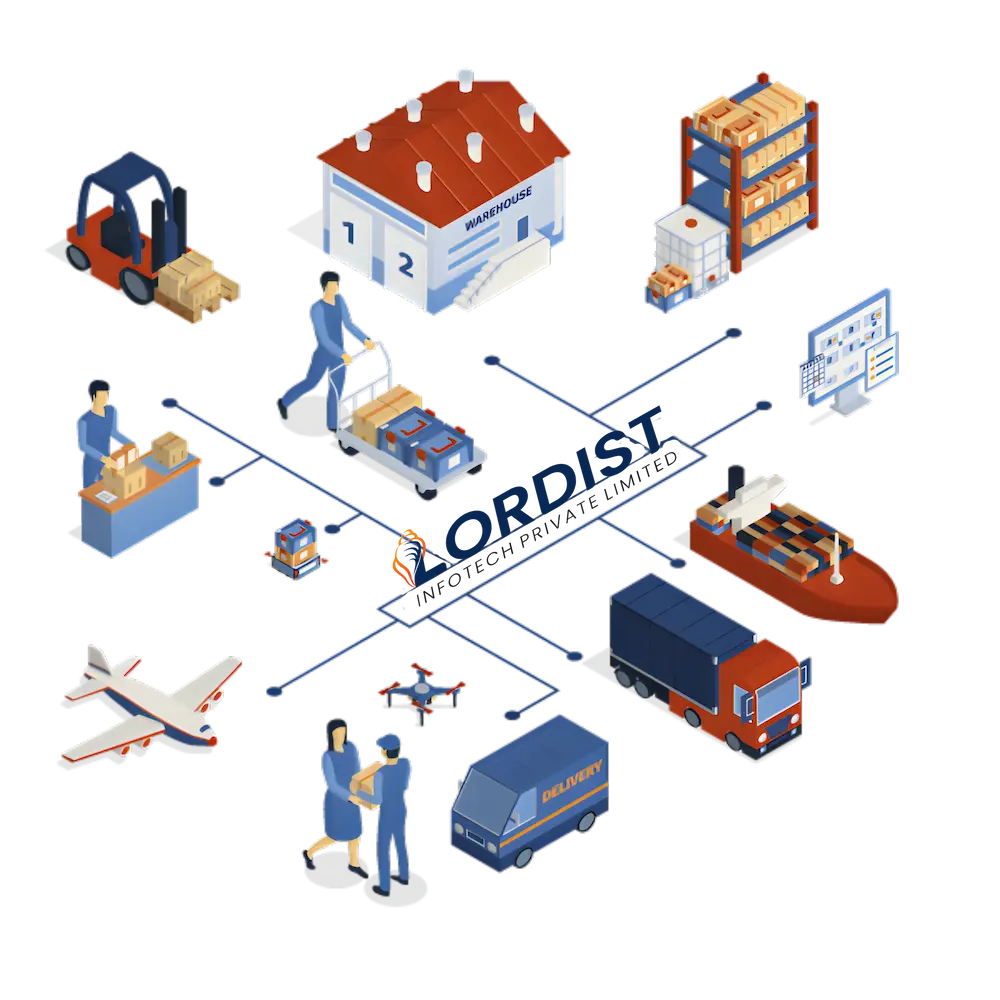 Warehouse Logistics and Supply Chain Management System Illustration of warehouse logistics operations with trucks, cargo ship, airplane, delivery van, and inventory storage