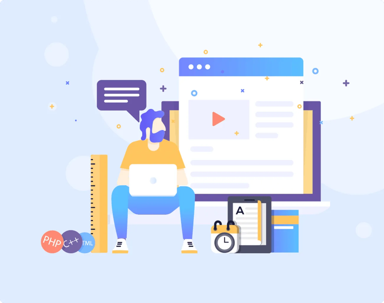 Illustration of a web developer using a laptop with website interface, video player, and programming icons