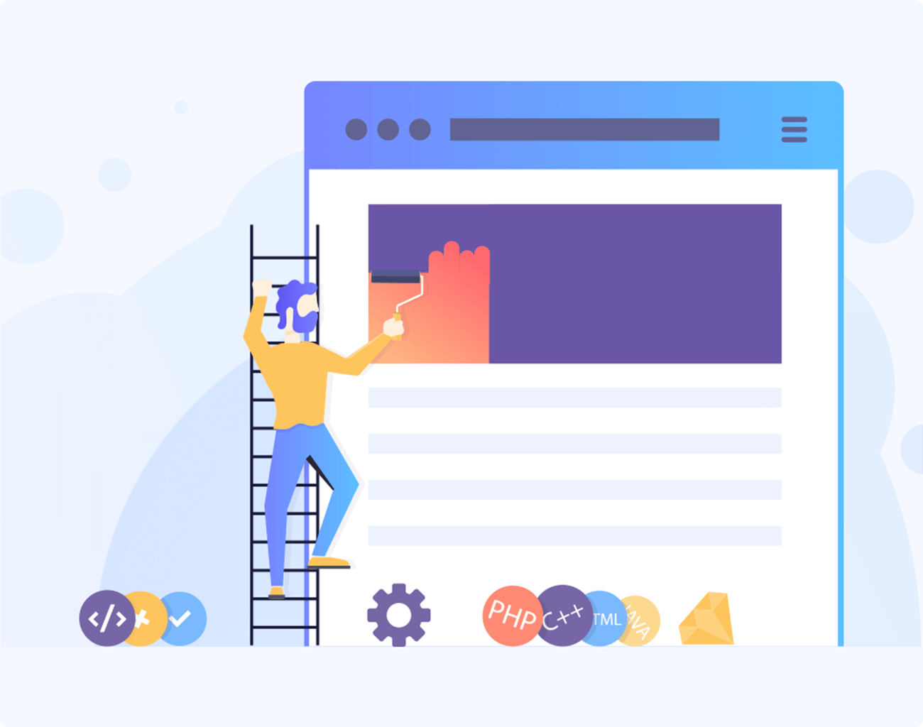 Illustration of a developer updating a website page with coding icons like PHP, HTML, and programming tools