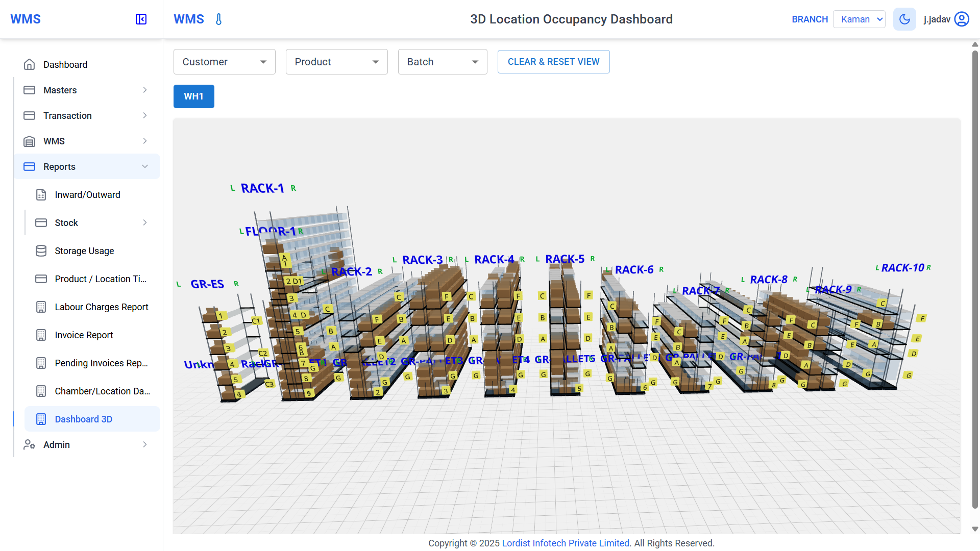 3D Warehouse Location Occupancy Dashboard Showing Rack Space and Storage Status Warehouse management system 3D dashboard showing rack locations, pallet positions, storage usage and occupancy status across multiple warehouse chambers
