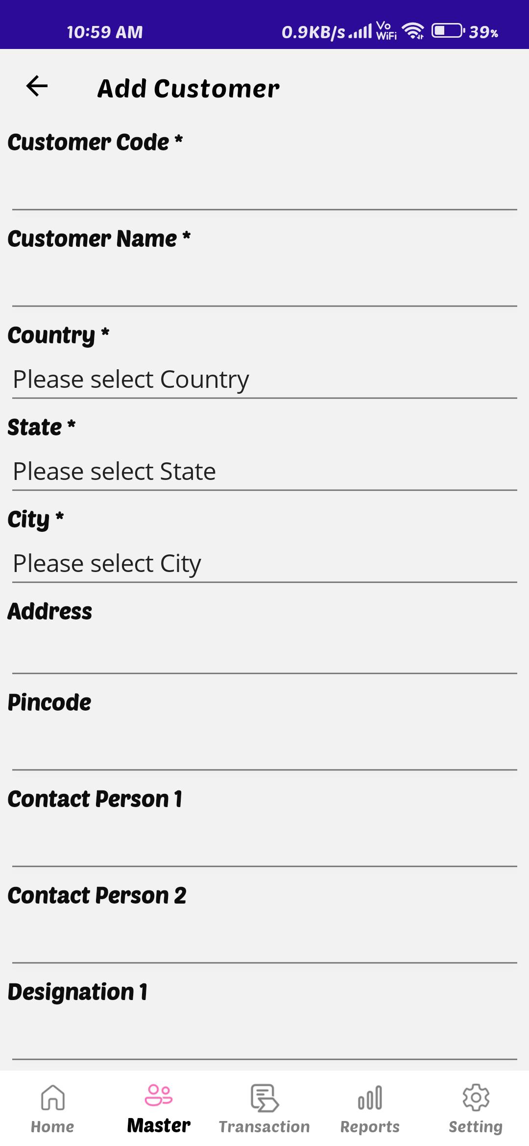 Add Customer Form Screen for Customer Details Entry in Business App Mobile app Add Customer form showing fields for customer code, customer name, country, state, city, address, pincode, and contact person details