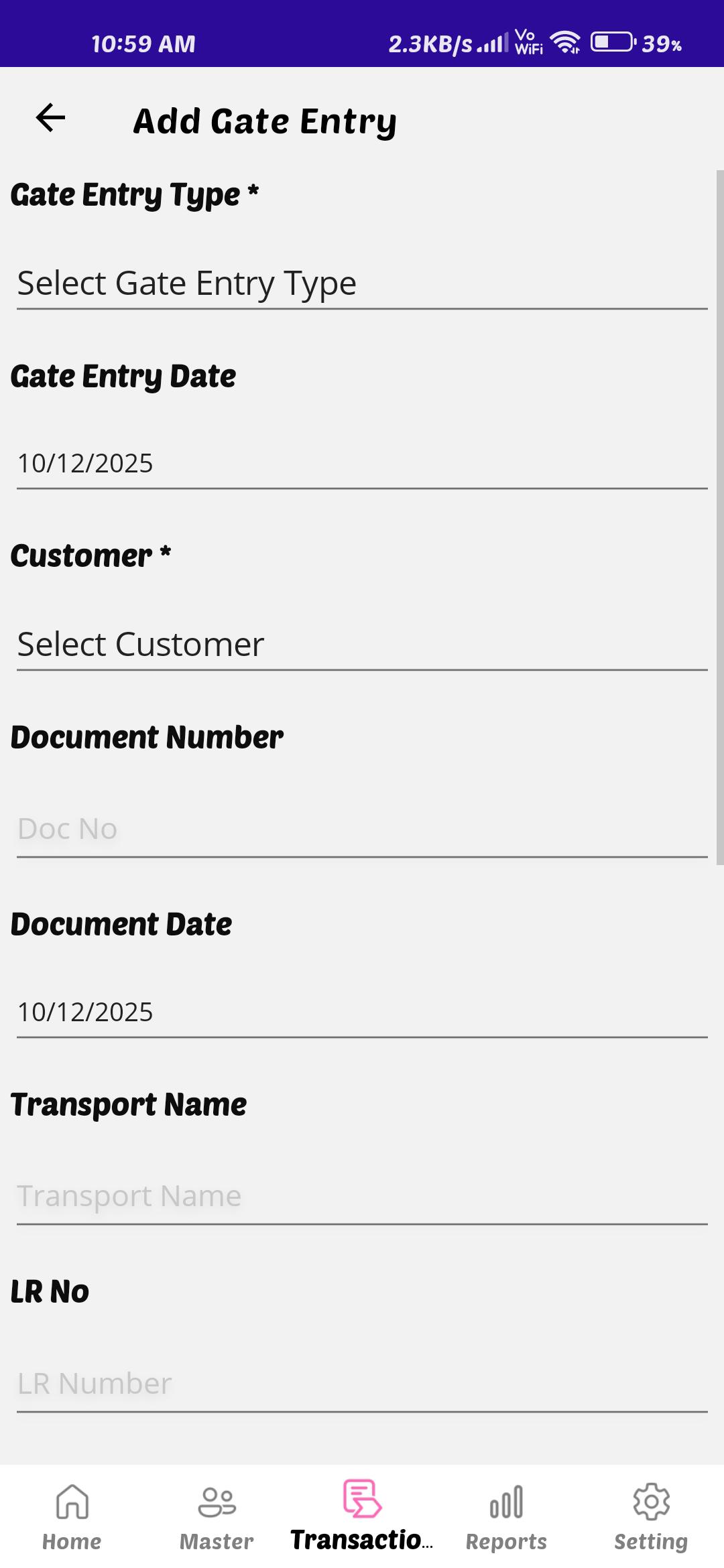 Add Gate Entry Form for Vehicle, Transport, and Customer Details Mobile app add gate entry form showing fields for gate entry type, date, customer name, document number, transport name, and LR number