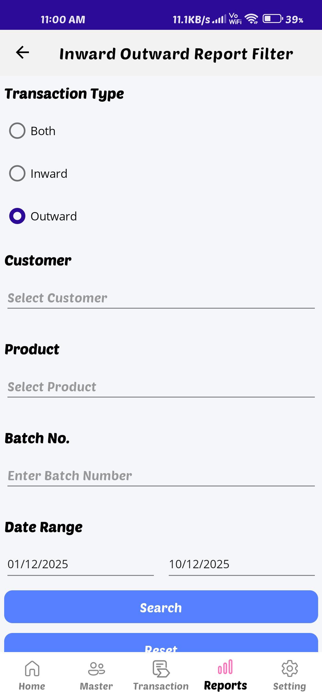Inward Outward Report Filter Screen for Customer, Product, and Date Range Mobile app report filter screen showing options for inward or outward transaction type with customer, product, batch number, and date range fields
