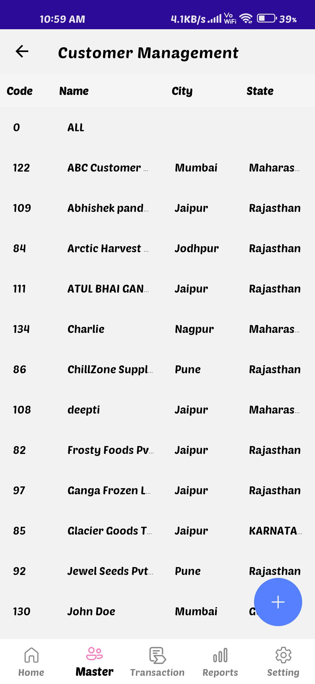 Warehouse Management System Mobile Customer Management List with City and State Details Mobile warehouse management system customer management screen showing customer code, name, city and state details with customer list records