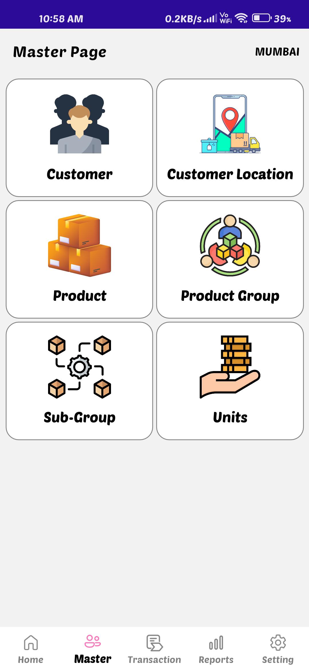 Warehouse Management System Mobile Master Page for Customer, Product and Unit Setup Mobile warehouse management system master page showing customer details, customer location, product setup, product group, sub group and unit configuration options