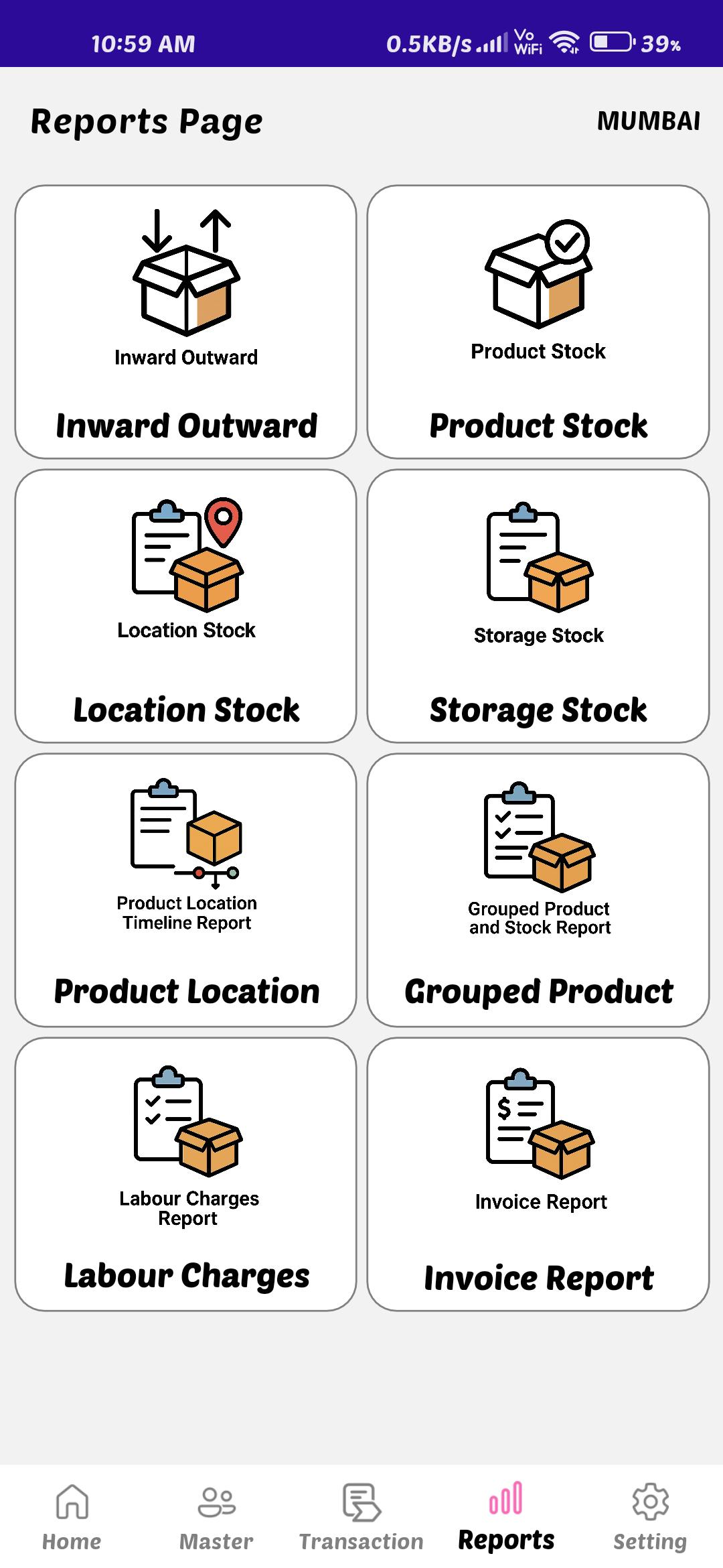 Warehouse Management System Mobile Reports Page with Inventory and Stock Reports Mobile warehouse management system reports page showing inward outward report, product stock report, location stock report, storage stock report, labour charges report and invoice report