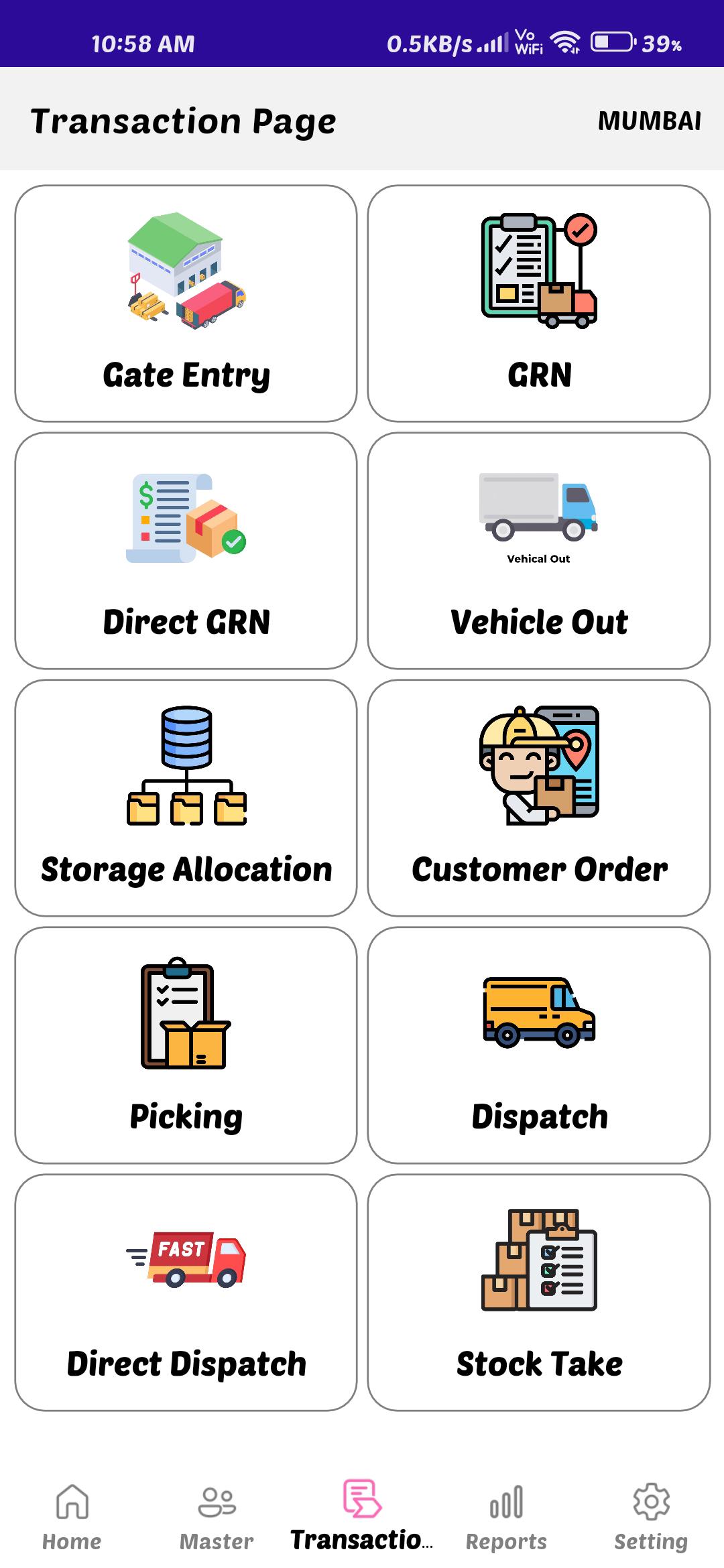 Warehouse Management System Mobile Transaction Page with GRN, Dispatch and Stock Operations Mobile warehouse management system transaction page showing gate entry, GRN, direct GRN, vehicle out, storage allocation, customer order, picking, dispatch, direct dispatch and stock take options
