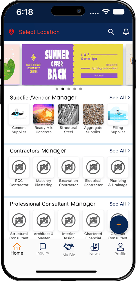 Mobile app home screen showing supplier vendor manager, contractors manager, and professional consultant service categories