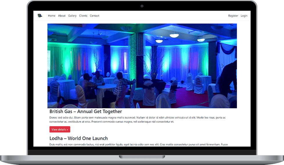 Corporate event venue showing professional lighting, seating arrangements, and detailed event gallery