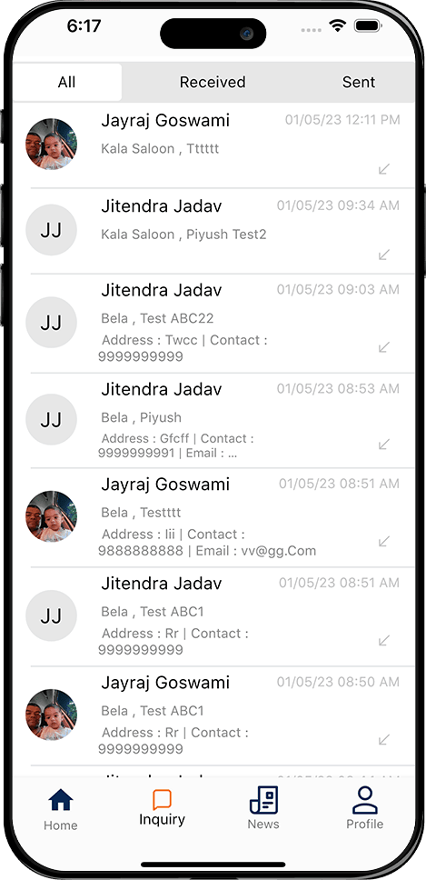 Mobile app inquiry screen displaying customer message list with received and sent requests, contact details, and timestamps