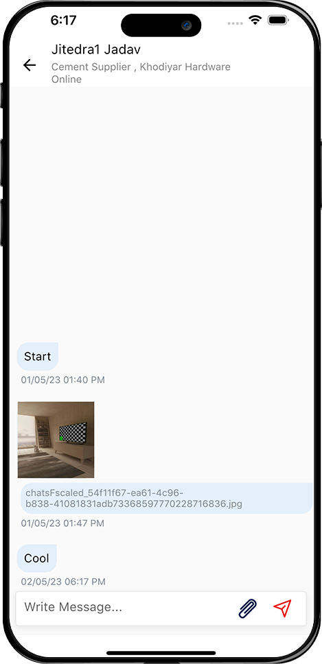 Mobile app chat conversation screen showing message exchange between user and cement supplier with image sharing and message input box