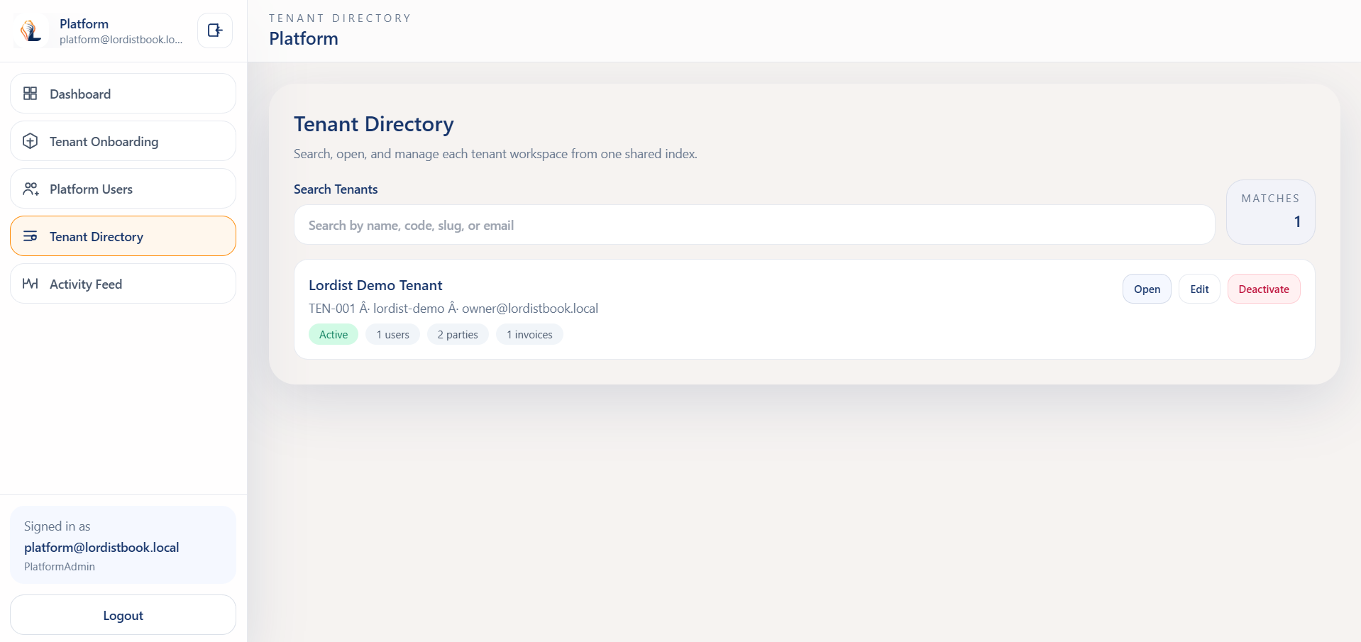 LordistBook business records and billing overview screen with summary cards, tables, and transaction details