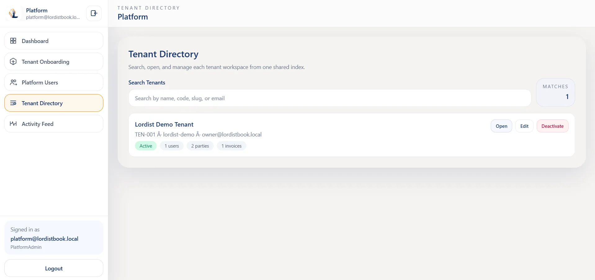 LordistBook business records and billing overview screen with summary cards, tables, and transaction details