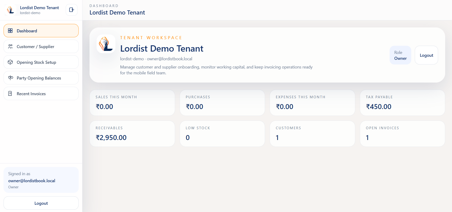 LordistBook purchase and billing dashboard screen with order totals, transaction details, and business summary panels