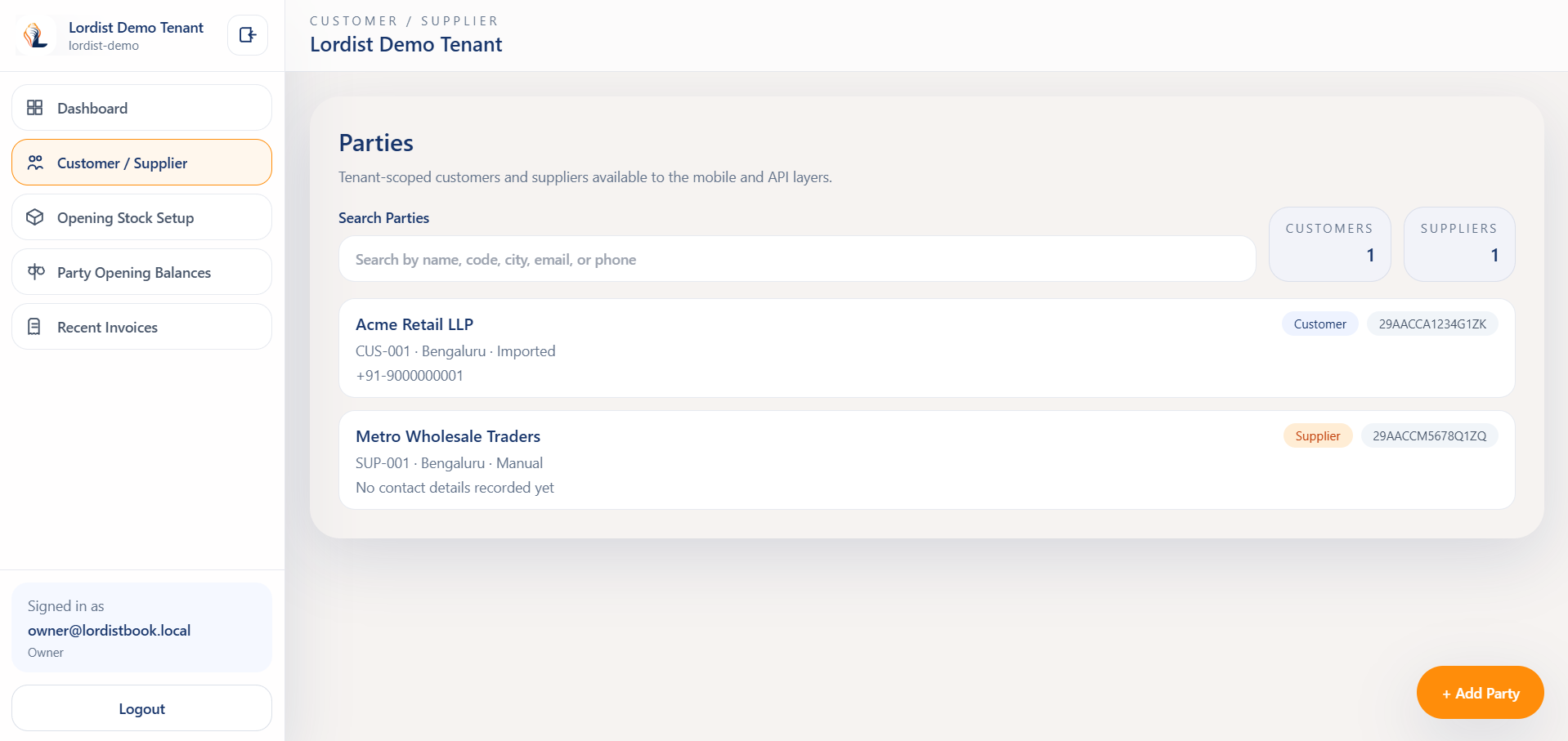 LordistBook sales invoice management screen showing invoice entry fields, customer details, and item line records