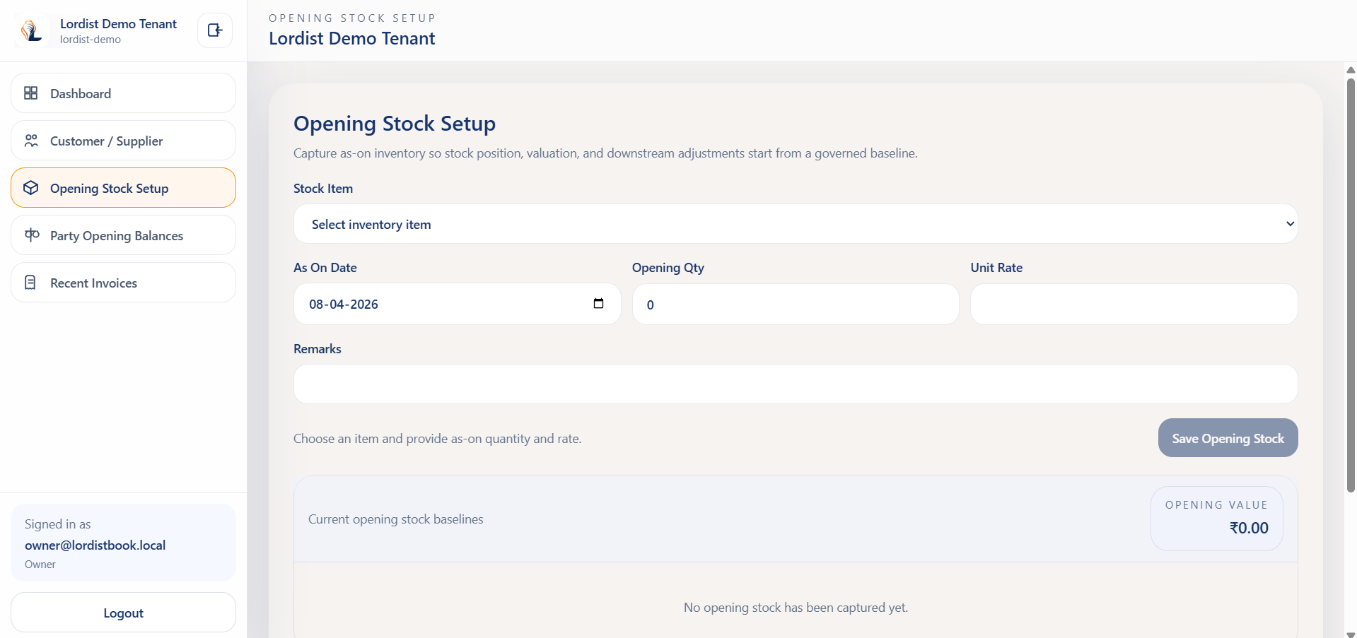 LordistBook ledger and accounts screen with party balances, transaction history, and statement tracking