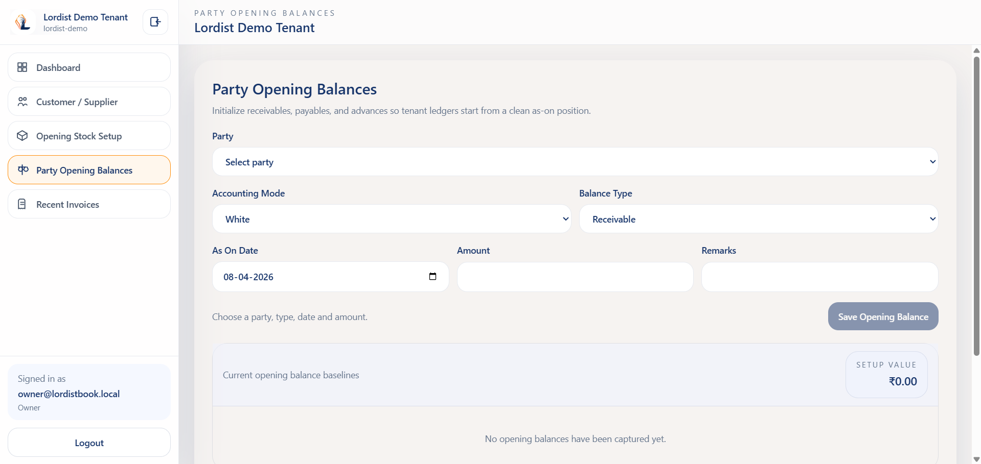 LordistBook customer management screen listing customer records, contact information, and account details
