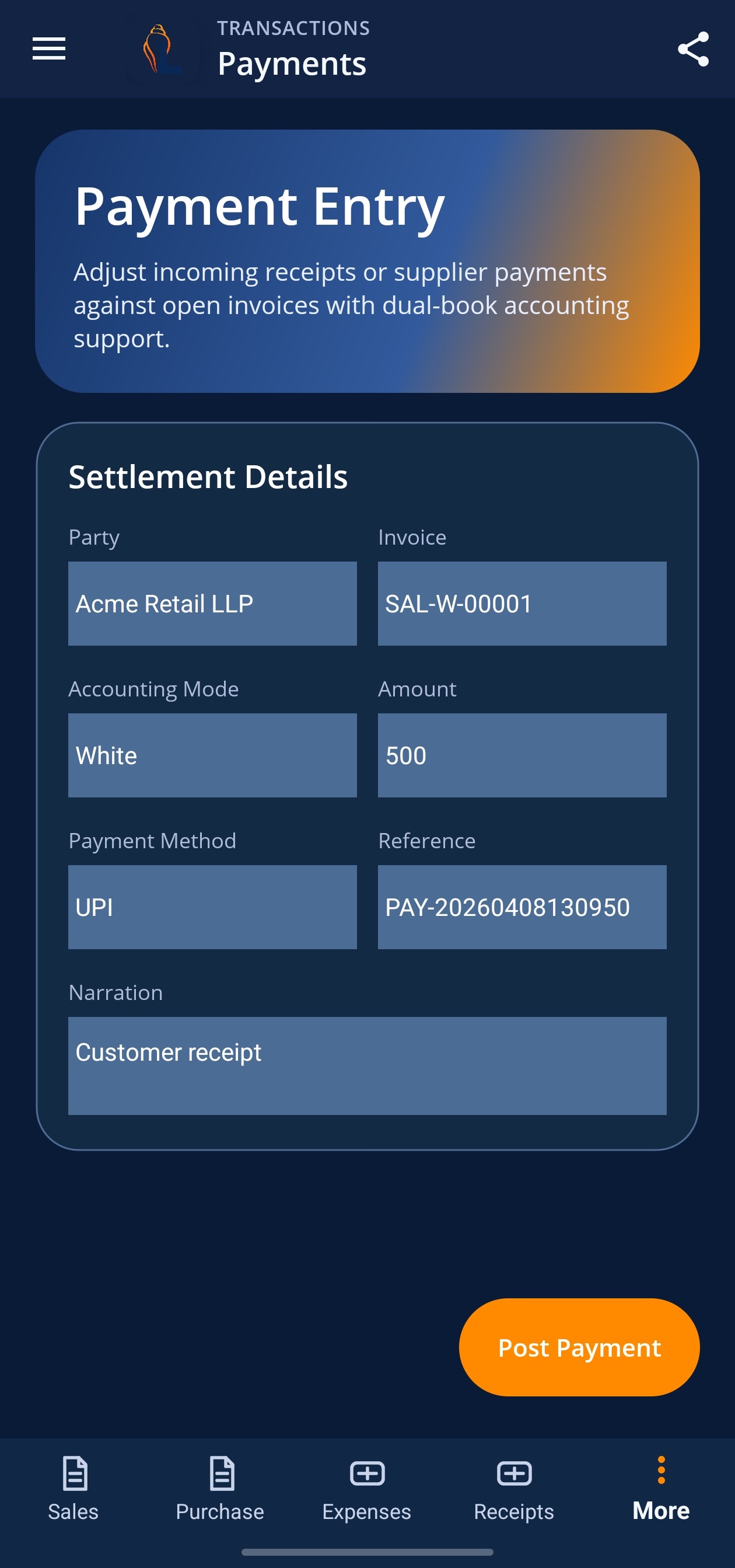 LordistBook mobile payment and transaction tracking screen with account details and entry history