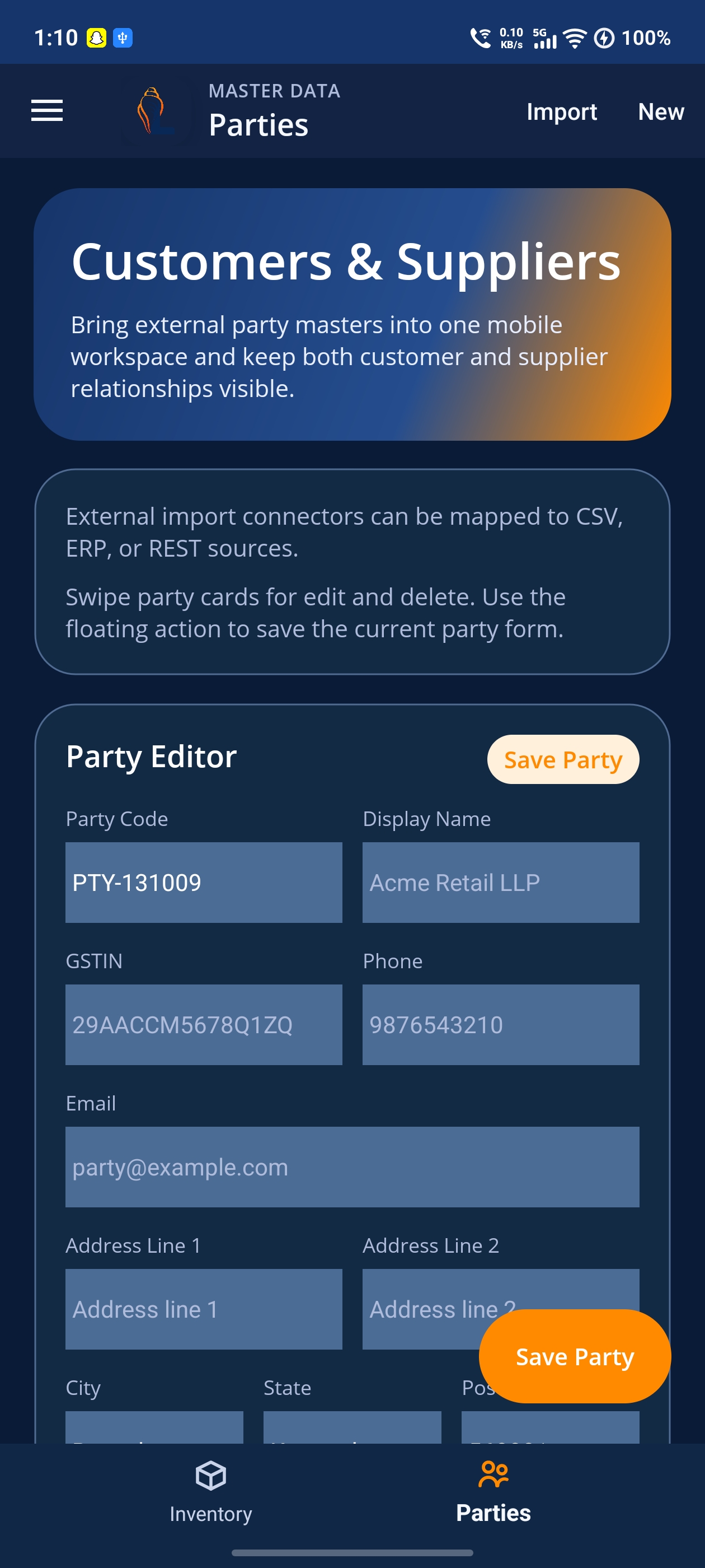 LordistBook mobile stock or item details screen with product information, quantities, and billing references