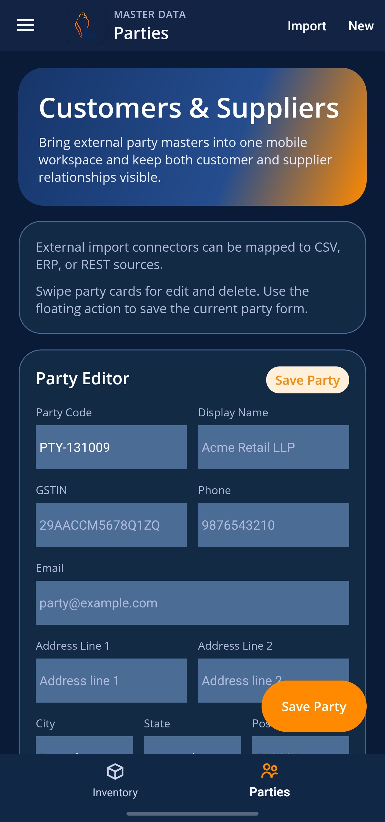 LordistBook mobile business summary screen with totals, cards, and financial overview information
