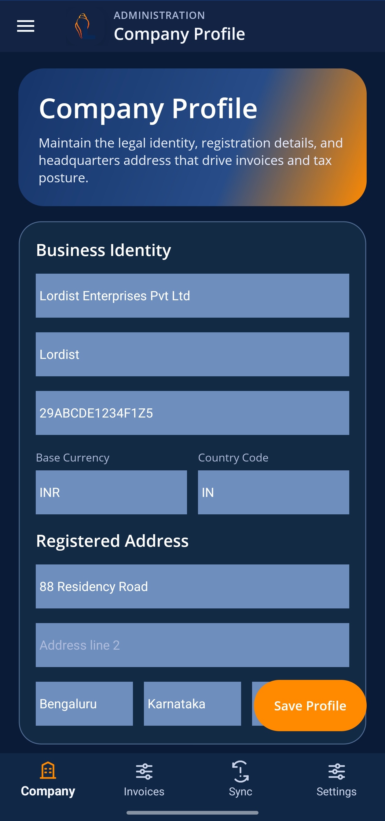 LordistBook mobile sales invoice screen with billing details, party selection, and item entry fields