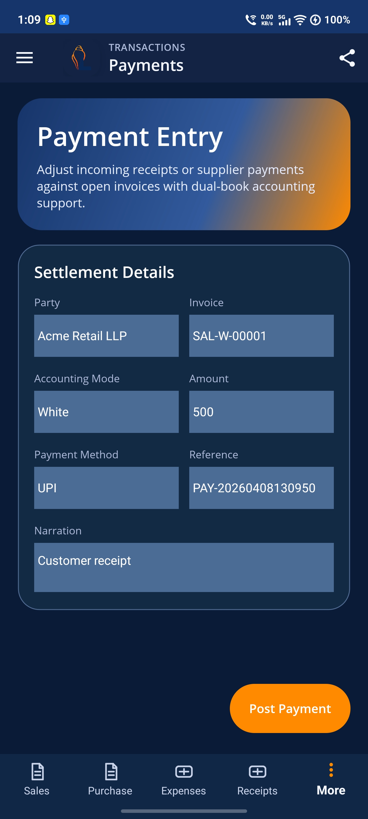 LordistBook mobile reports screen showing sales metrics, business summaries, and analysis cards