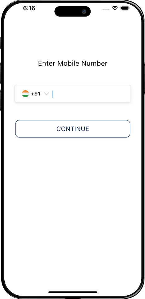 Mobile app login screen showing mobile number input with country code selection and continue button for OTP verification