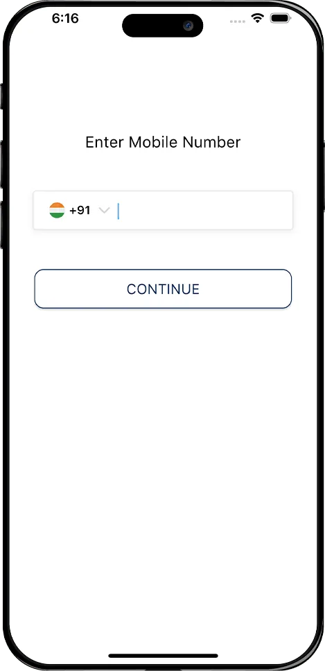Mobile Number Login Screen with OTP Verification for User Sign In Mobile app login screen showing mobile number input with country code selection and continue button for OTP verification