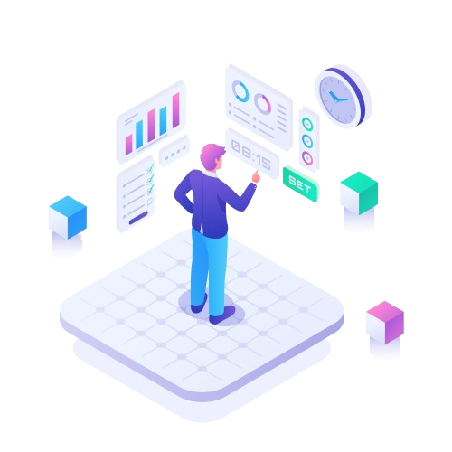 Illustration of a professional managing project data dashboards with charts, tasks, and time tracking