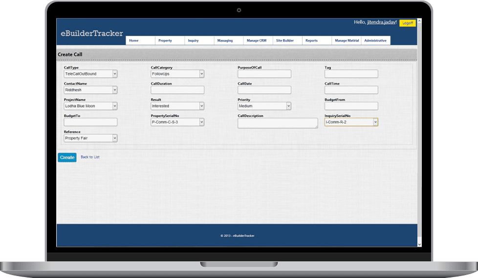 Real estate CRM call entry screen for inquiry follow-up and customer interaction management