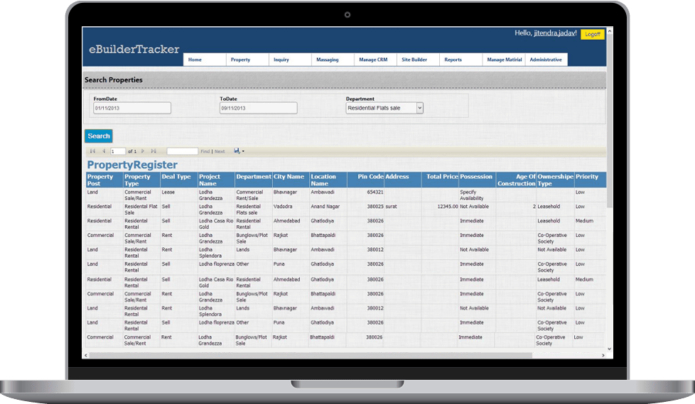 Real estate property register dashboard showing property listings, project locations, and pricing records
