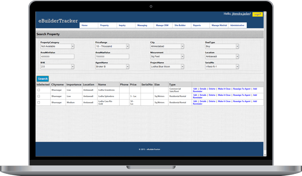 Real estate property search dashboard with advanced filters for price, city, and project types