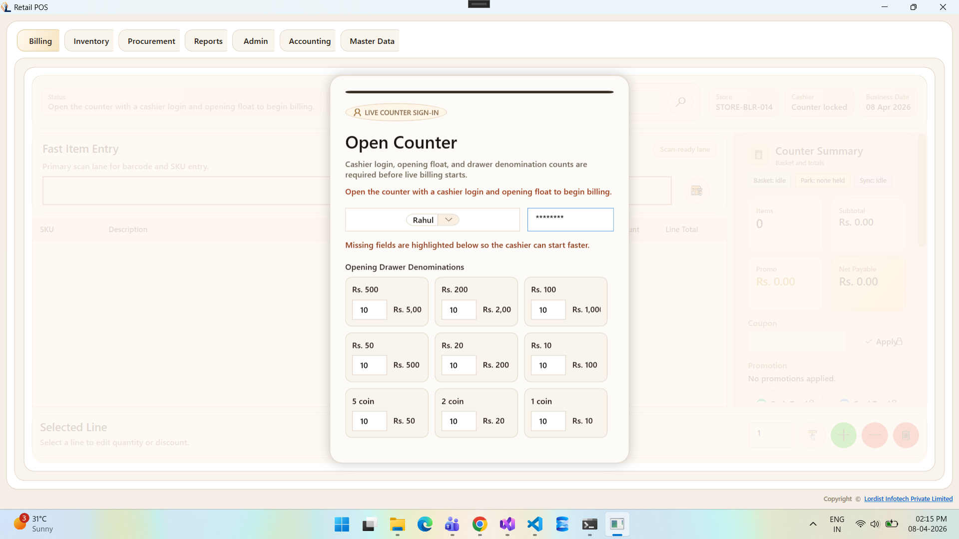 Retail POS billing screen with product rows, quantity details, item rates, and checkout totals