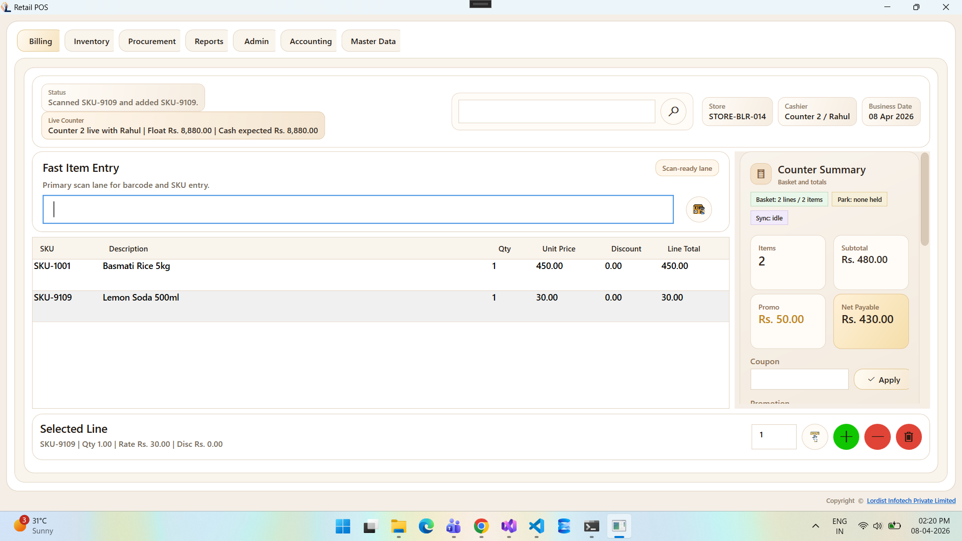 Retail POS invoice entry screen showing item selection, quantity updates, tax values, and final bill amount