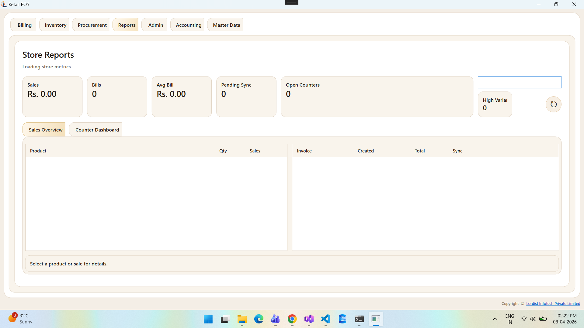 Retail POS customer billing screen showing checkout details, totals, and transaction actions