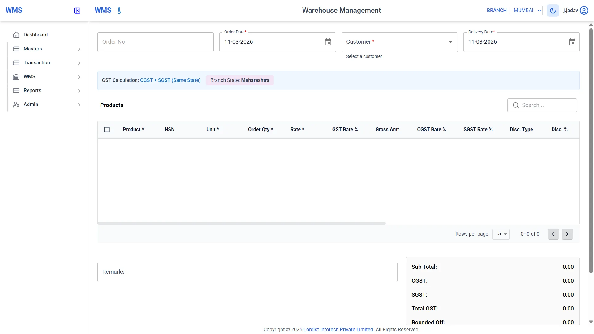Warehouse management system sales order entry screen showing order date, customer selection, product list, GST rate, quantity, and order amount summary