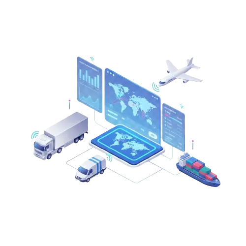 Transportation Management System for Logistics and Global Shipping Illustration of transportation management system with truck, airplane, cargo ship, and digital logistics dashboard