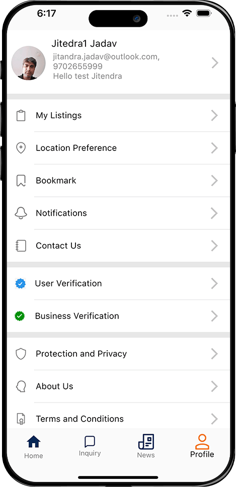 Mobile app profile screen showing user account details, listings, location preference, bookmarks, notifications, and verification options