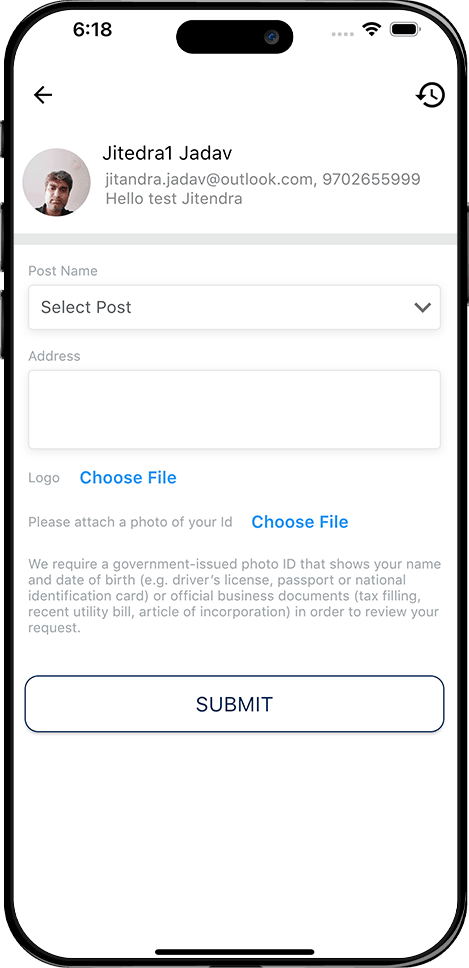 Mobile app user verification screen showing post selection, address field, logo upload, ID photo upload, and submit button