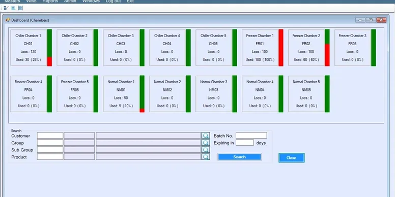 Warehouse Dashboard Showing Chambers and Storage Inventory Warehouse management system dashboard showing chambers, storage locations, and inventory levels for efficient space management