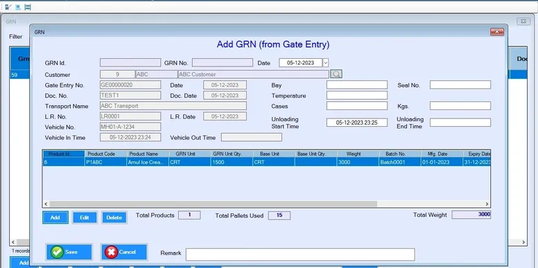 Warehouse GRN Entry Screen for Goods Receipt Management Warehouse management system GRN screen for entering goods receipt details with supplier and product information