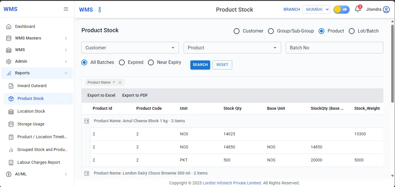 Warehouse Product Stock Report Dashboard with Batch, Quantity and Inventory Details Warehouse management system product stock report showing customer filter, product filter, batch number search and inventory quantity table with export options