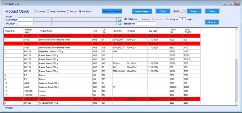 Warehouse management system stock report showing inventory tracking, product quantity, and batch details