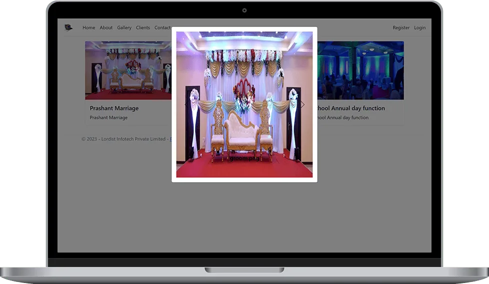 Wedding Stage Decoration with Floral Backdrop and Seating Elegant wedding stage decoration featuring sofa seating, floral backdrops, and event lighting