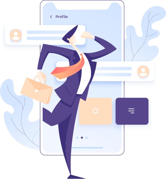 Business person interacting with mobile app profile screen showing user interface and app features