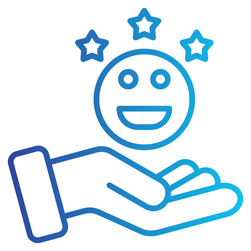 Hand holding smiling face with stars showing customer satisfaction, positive feedback, and good service experience