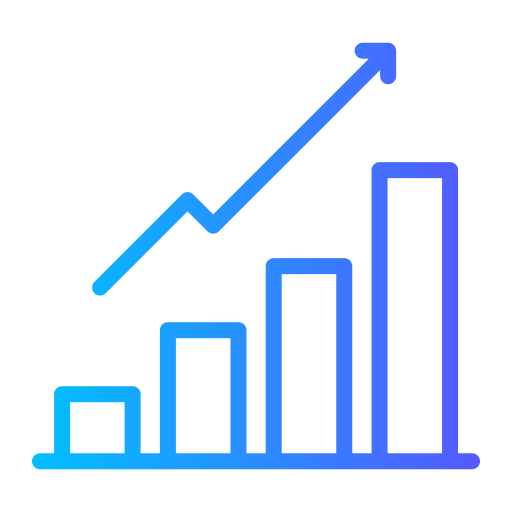 Bar chart with upward arrow showing steady business growth, rising value, and improved performance over time
